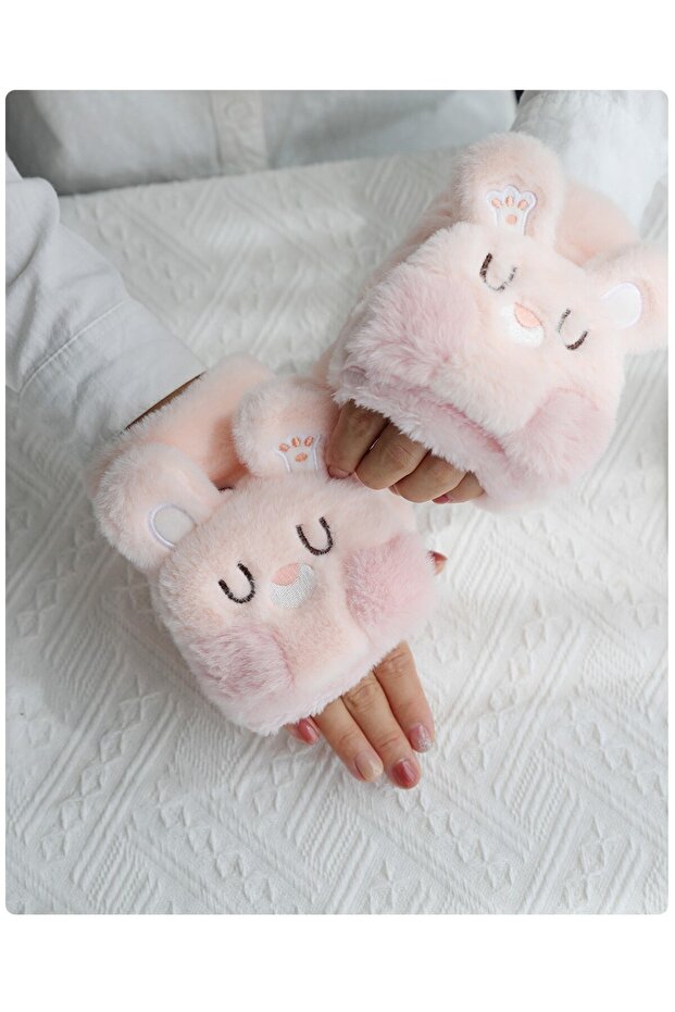 Sevimli Tavşan Figürlü Peluş Eldiven - 5