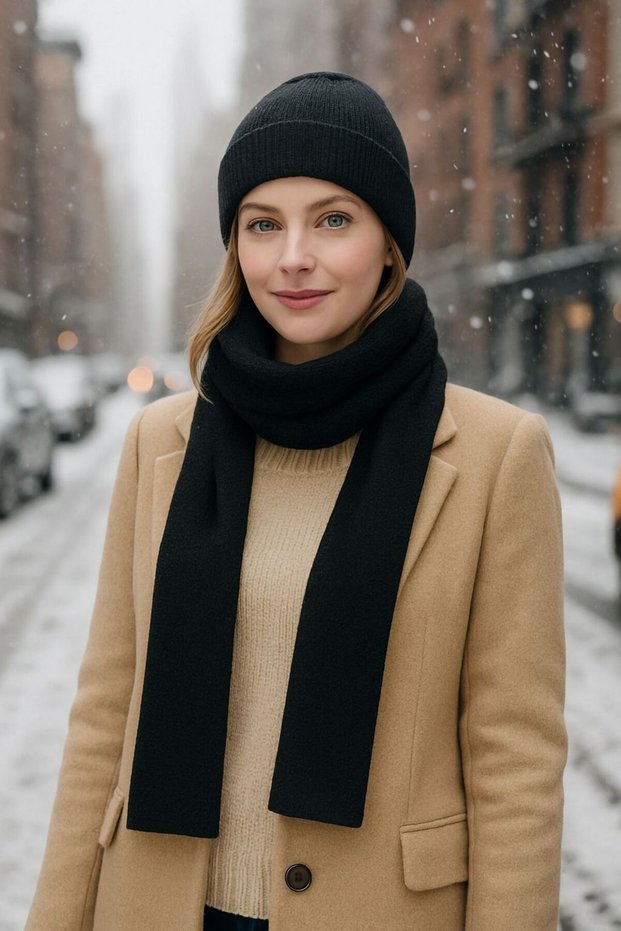 Black Knitwear Women's Scarf Beanie Set of 2 160X20 cm
