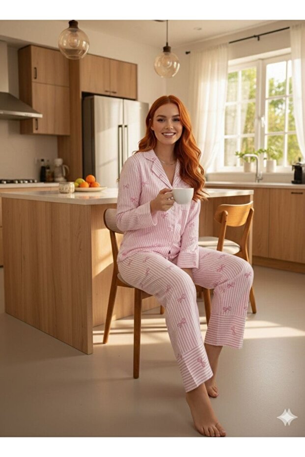 Women's Long Sleeve Buttoned Printed Pajama Set Pink Striped