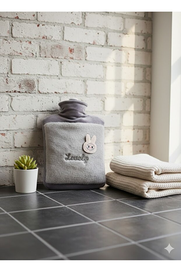 Gray Plush Covered Hot Water Bag 2 Liter with Hand Warming Pocket
