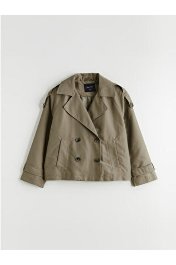 Artı-Store Women's Trench Coat with Double-Breasted Collars Made of Gabardin Fabric, Button Closure. With Epaulettes and Cuffs