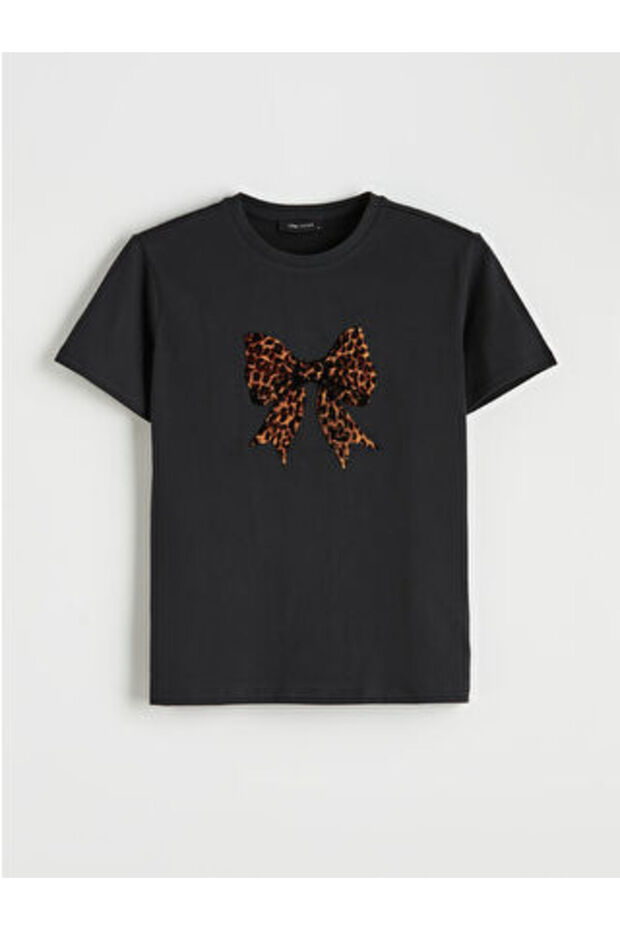 New Season Black Bow Printed 100% Cotton Women's T-Shirt