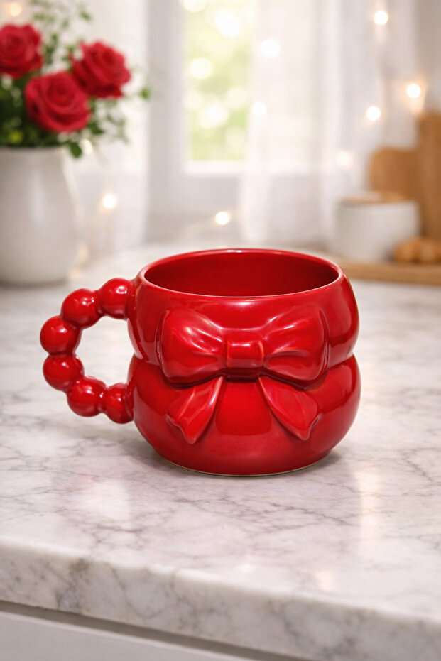 3D Embossed Complete Red Bow Pattern Custom Embossed Fully Handmade Ceramic Mug - 1