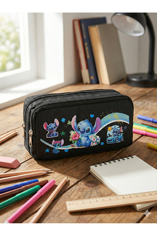 Printed Double Compartment Black School Pencil Case