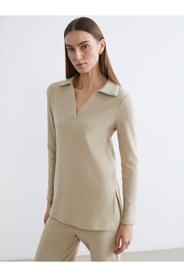 Nevavm Women's Polo Collar Ribbed Sweatshirt with a Difference