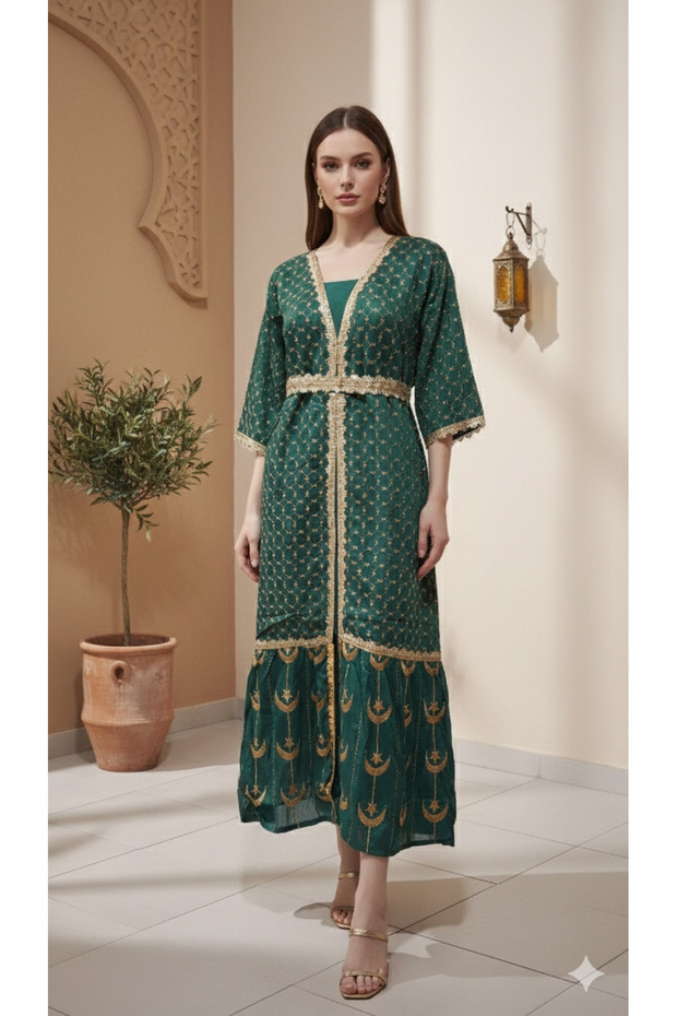 Crescent Moon Embroidered Kaftan Dress