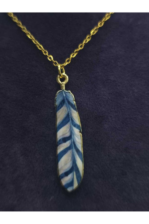 Feather Steel Necklace Blue White Colorful Enamel Embroidered Authentic Luck Symbol Yellow Steel Chain Necklace