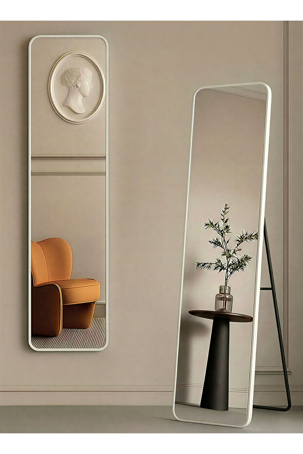 مرآة بتصميم أنيق، مقاس 120×30 سم، مرآة كاملة الطول بإطار معدني أبيض وحامل خلفي