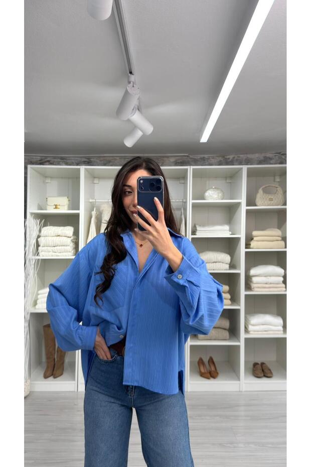 SOFİA ÇİZGİLİ OVERSİZE GÖMLEK- MAVİ - 2