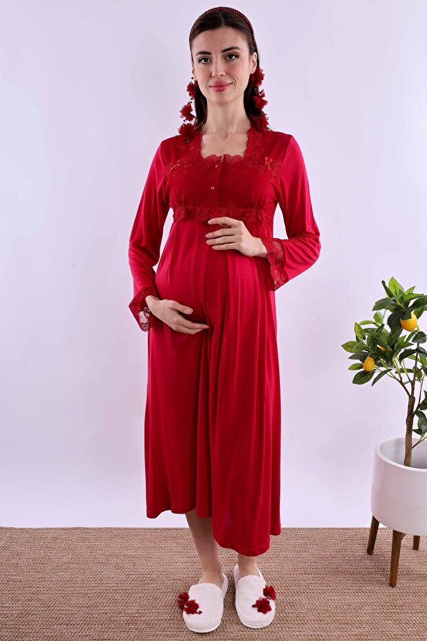 Cotton Maternity Nightgown with Breastfeeding Feature Effortt - Cherry