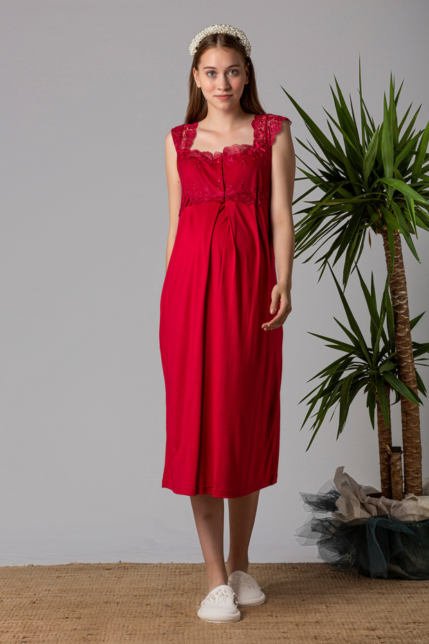 Comfortable Cut Maternity Nightgown with Cotton Breastfeeding Feature Effortt - Cherry