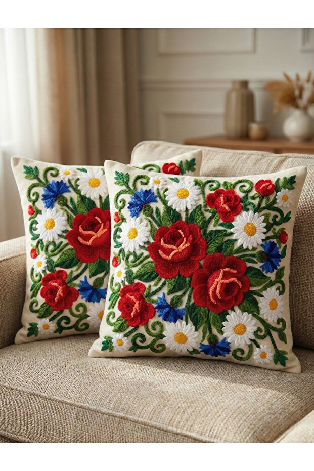 غطاء وسادة مزخرف بنمط الزهور من Punch Embroidery رقمي مطبوع مكون من قطعتين
