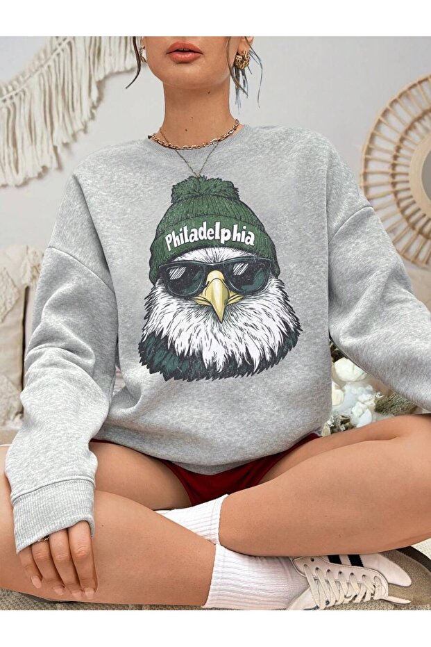 Women's Gray Philadelphia Printed Crew Neck Sweatshirt