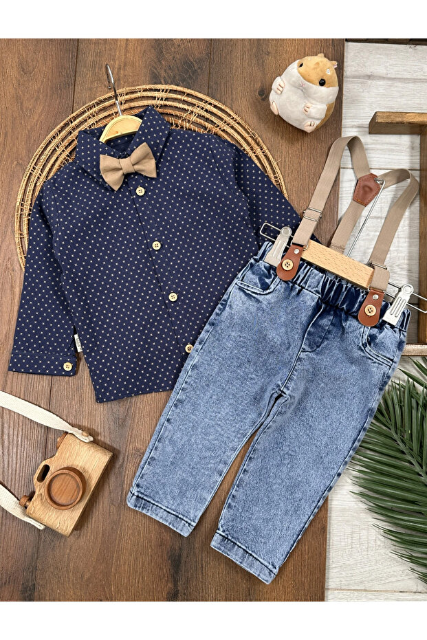 Stretch Fabric Denim Pants with Suspender Belt and Bow Tie for Baby Boy/Child Set