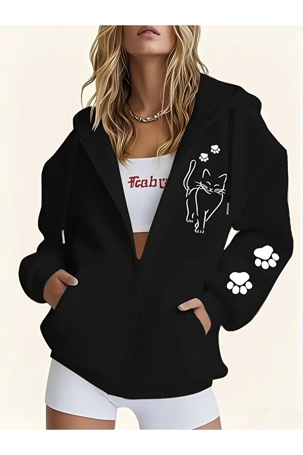 Women's Zippered Hooded Sweatshirt Cat Patterned Cotton Warm Casual Winter