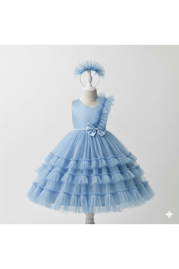 Girl's Blue One-Shoulder Bowknot Layered Tulle Dress