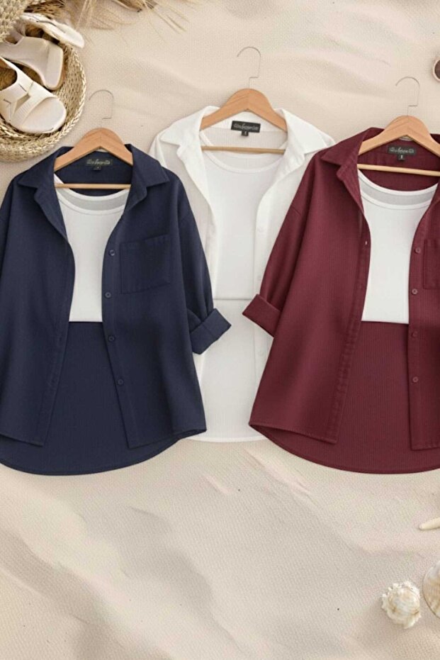3-Pack Navy Blue, White, Burgundy Oversized Linen Textured 100% Cotton Single Pocket Casual Shirts