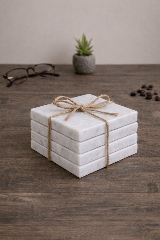 Set of 4 Handmade Marble Coasters 10X10 cm | Natural Marble