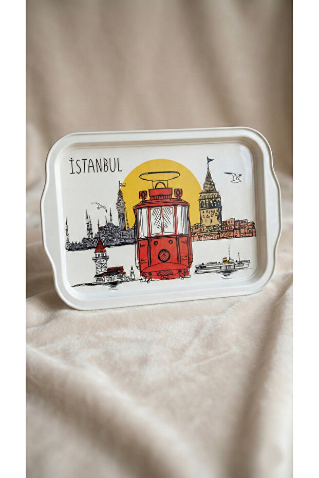 Istanbul Nostalgia Tram Patterned Metal Presentation Tray - Tea, Coffee Tray - Presentation Tray