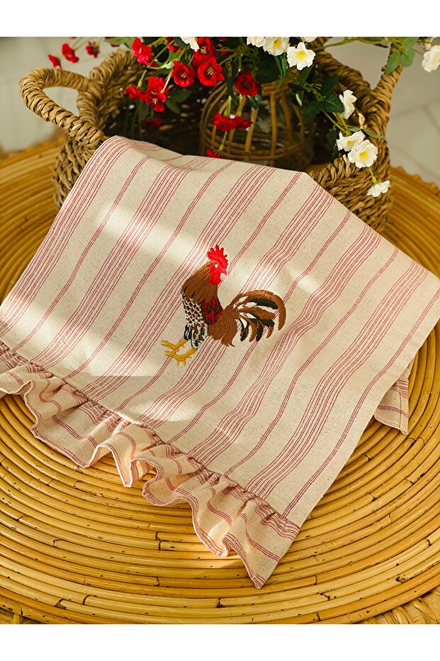 Red Pinstripe Linen Embroidered Kitchen Towel~ 40*60cm
