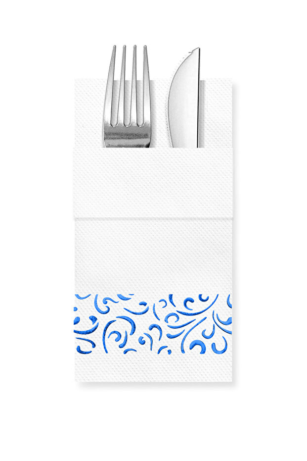 40X40 cm Blue Foil Marbled Classic Patterned White Paper Napkins with 16 Pockets