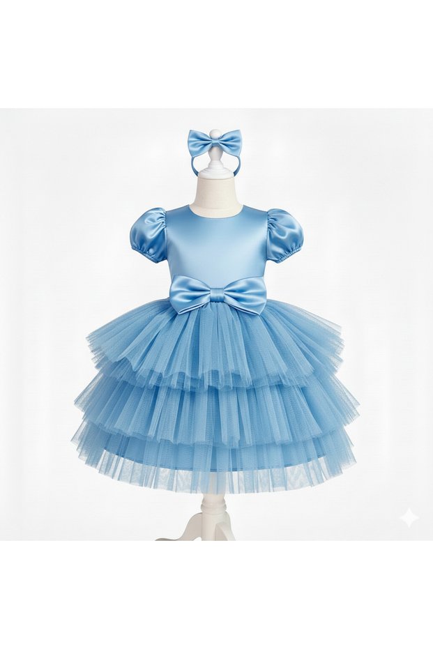 Girl's Blue Bow Fluffy Tutu Dress, Evening Dress, Party Dress