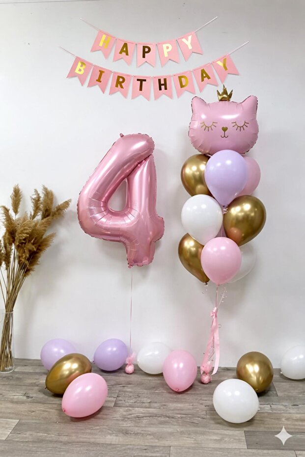 4 Year Old Cat Themed Birthday Balloon Set – Pink Gold Concept
