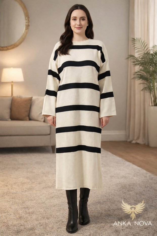Women's Standard Size Loose Comfortable Cut Casual Modern Striped Knitwear Dress (Sizes 36-44)