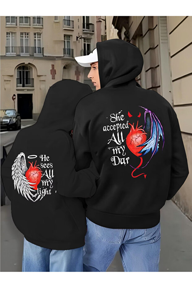 Angel Devil Winged Heart Printed Lover's Combination Oversize Hoodie Set