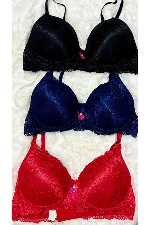 Lace Detailed Non-Padded Underwire 3-Piece Bra Set in Red, Black, and Navy Blue