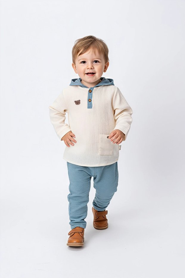 6-24 Months Daily Boy Child Bear Hooded Muslin 2-Piece Baby Set