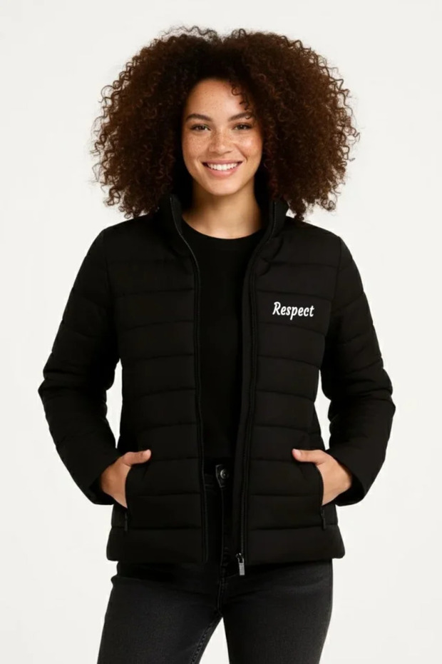 Micro water repellent quilted b Printed lined zipper bomber jacket - black