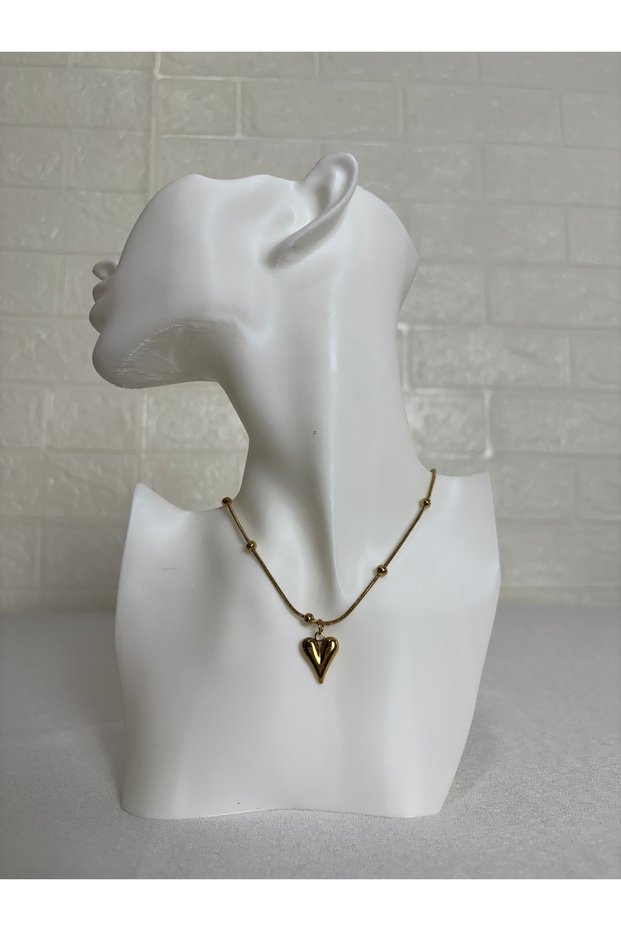 Gold Color Necklace with Bead Detail and Heart Figure