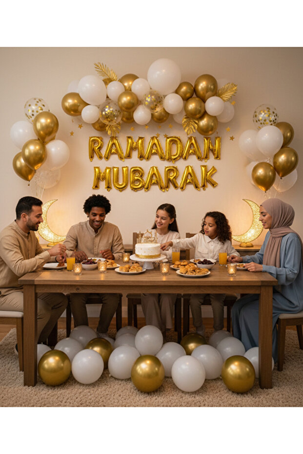 ديكورات زينة رمضان مبارك - 50 قطعة - ديكور متكامل باللون الذهبي والأبيض للاجواء الرمضانية