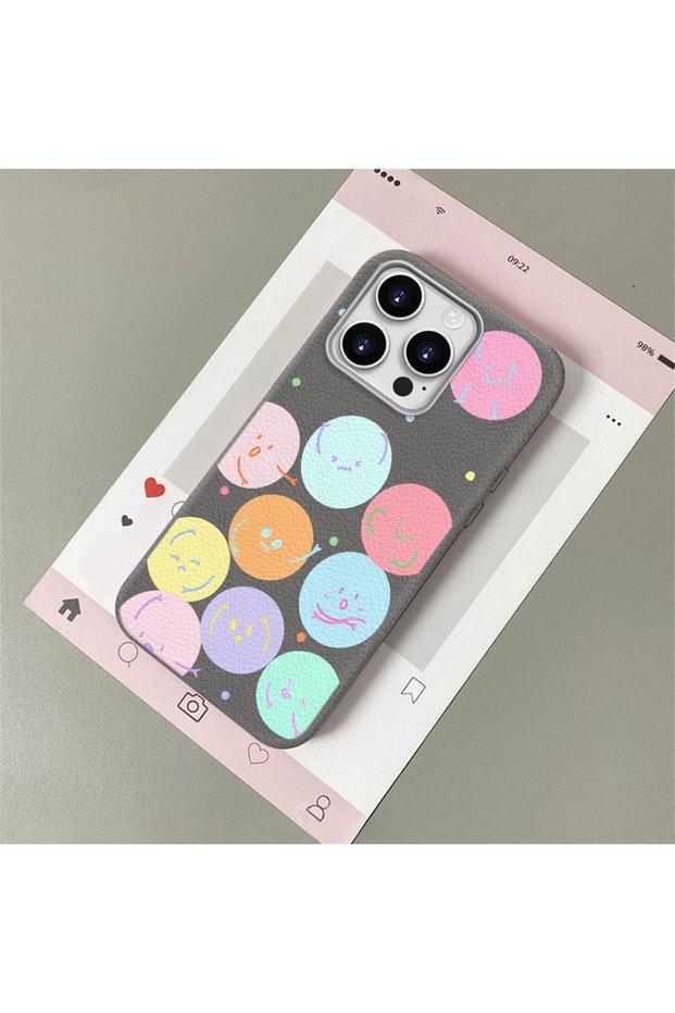 iPhone 14 Pro Max Compatible, Funny Smiley Face Pattern Leather Texture Silicone Phone Case.