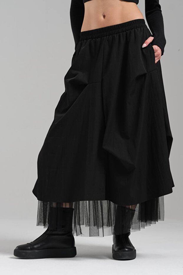 Women's Long Skirt with Tulle Fabric Detail and Elastic Waist Design