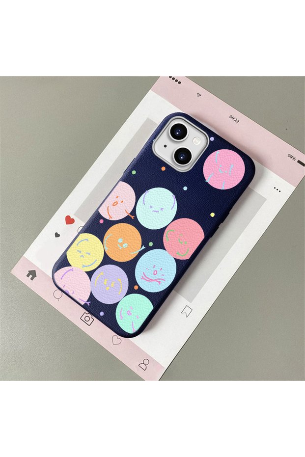 Compatible with iPhone 14 Plus/15 Plus, Funny Smiley Face Pattern Leather Texture Silicone Phone Case.