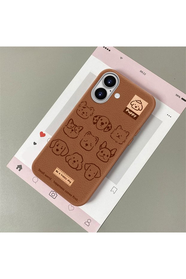 iPhone 16 Compatible, Cartoon Patterned Leather Texture Silicone Phone Case.