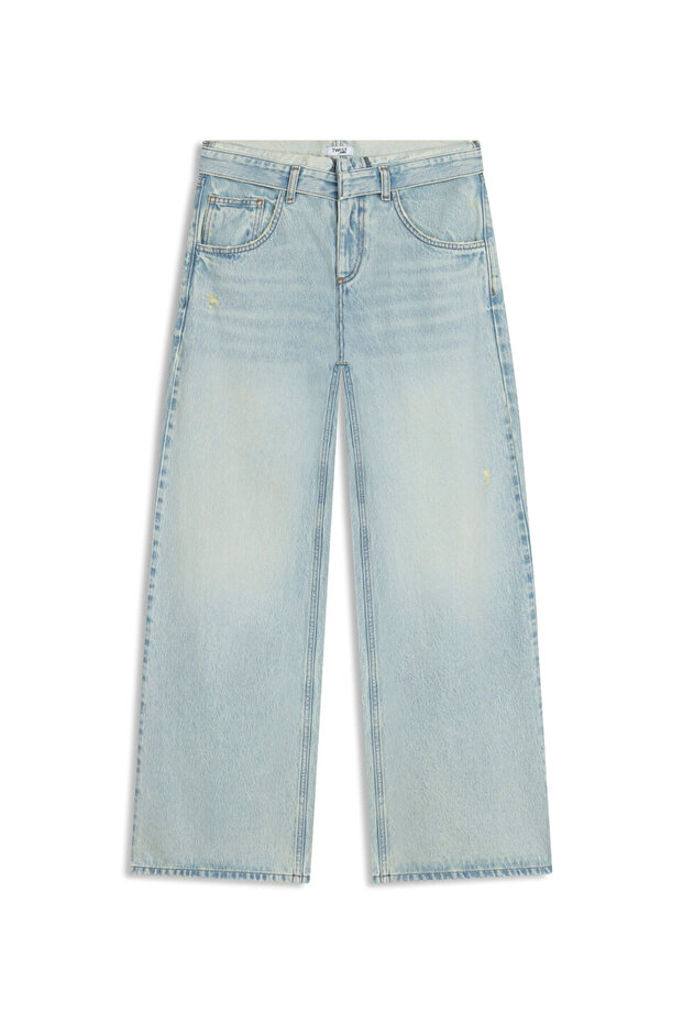 BELİ KATLAMALI WIDE LEG JEAN PANTOLON - 1