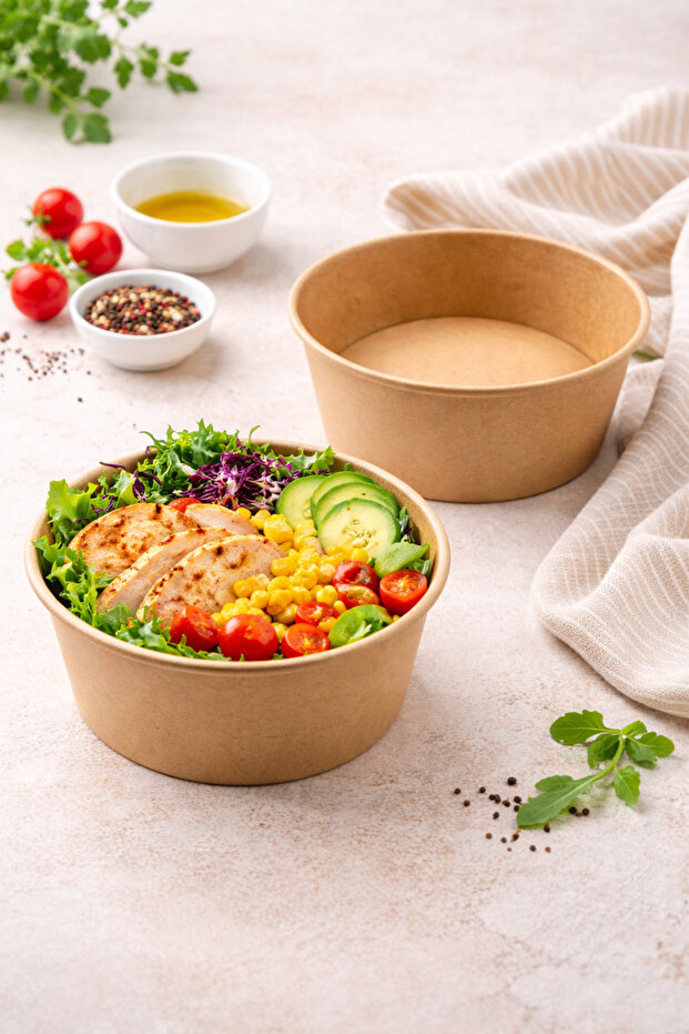 Kraft Salad Bowl with PET Lid | 500 ml -300 Pieces | Food-Grade, Biodegradable & Eco-Friendly