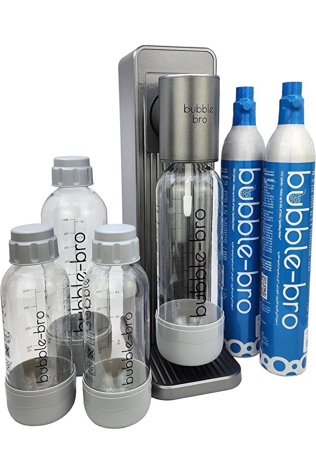 bubblebro Origin Sparkling Water Maker Family Pack (Metallic Grey) with CO2 Cylinders and Bottles
