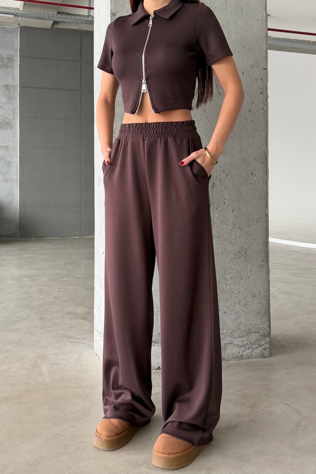 Women's Brown Double Zip Detail Modal Textured Top and Bottom Set
