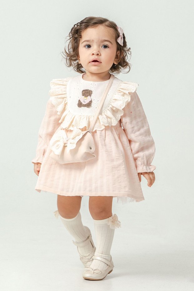 My Little One's Cicileri Bear Embroidered Ruffle Princess Dress 2-Piece Baby Girl Set - Salmon