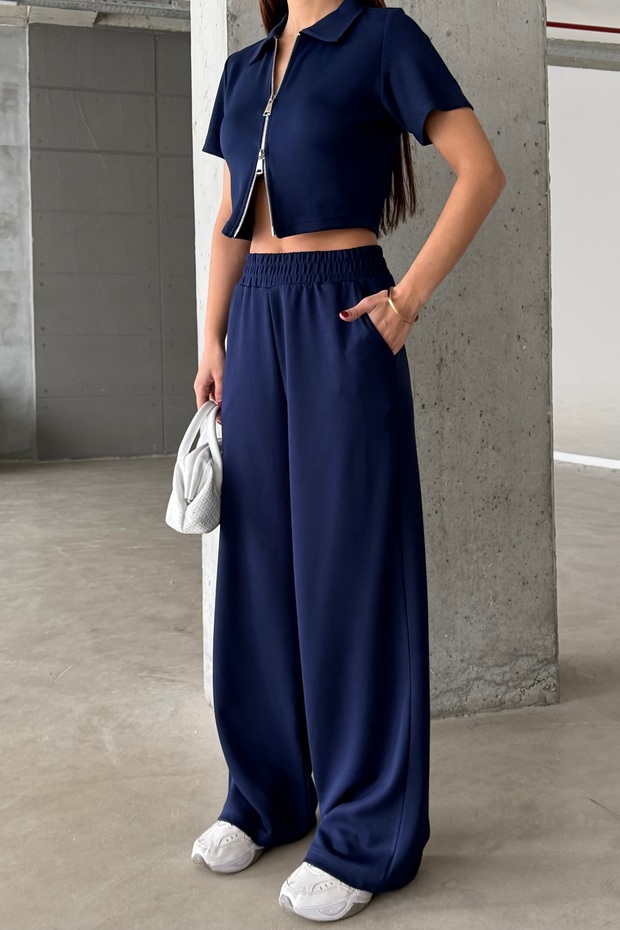 Women's Navy Blue Double Zip Detail Modal Textured Top and Bottom Set