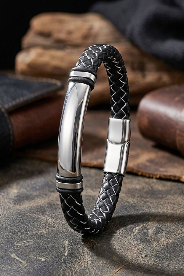 Men's Leather Bracelet with Name Engraving Black and White Knitted Leather Men's Bracelet