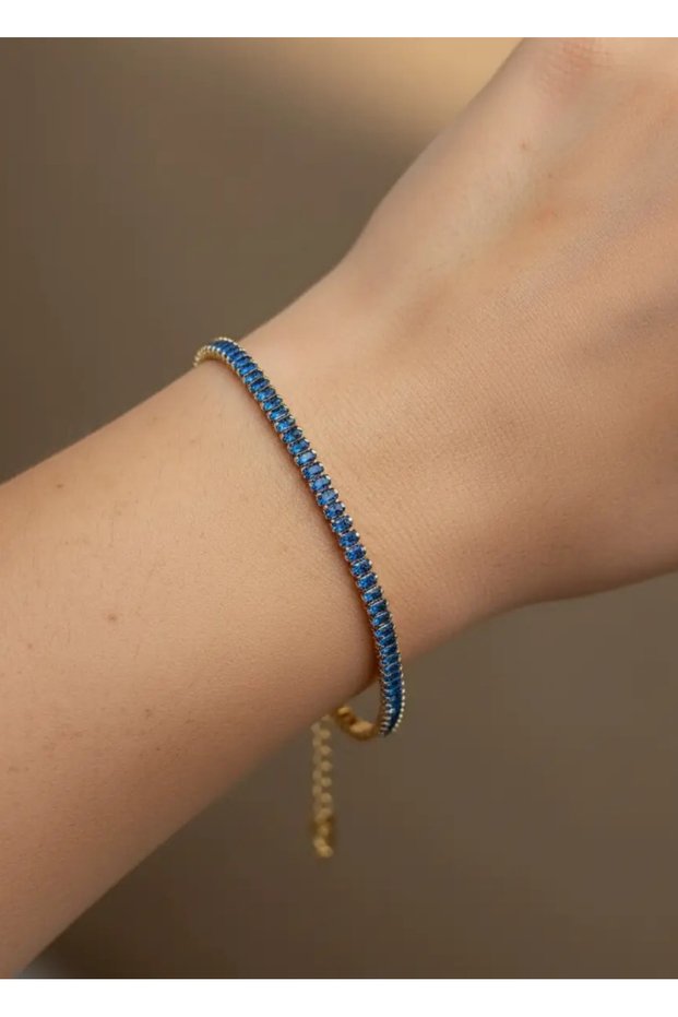 Steel Gold Shiny Blue Baguette Stone Waterway Bracelet - 26Slb50