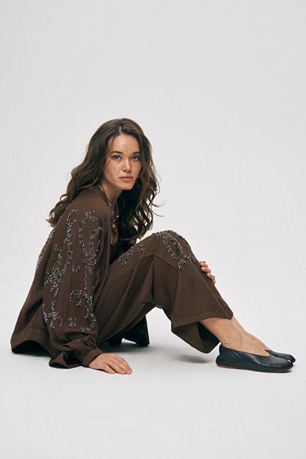 Women's Sapphire Bead-Embroidered Silky Viscose Palazzo Pants