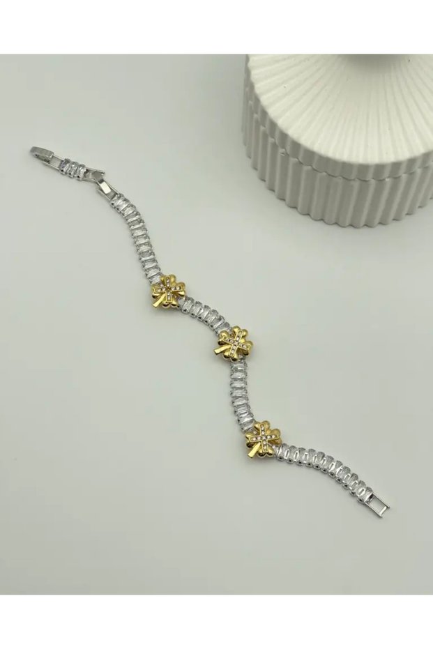 Steel Gold Clover Detailed Silver Waterway Bracelet - 25-Blk86