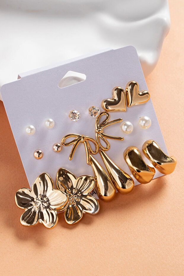 Multiple Earring Set, 9-Piece Earring Set / Lotus, Heart, Bow, Drop, Hoop, Ball Earrings