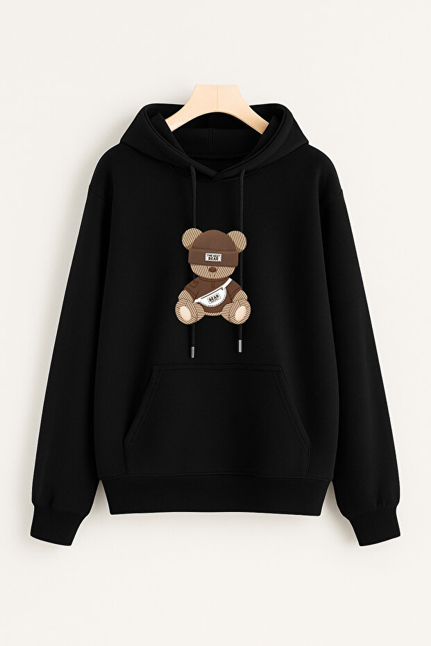 Unisex Winter the Best Bear Printed Cotton Hooded Regular Sweatshirt with Kangaroo Pocket